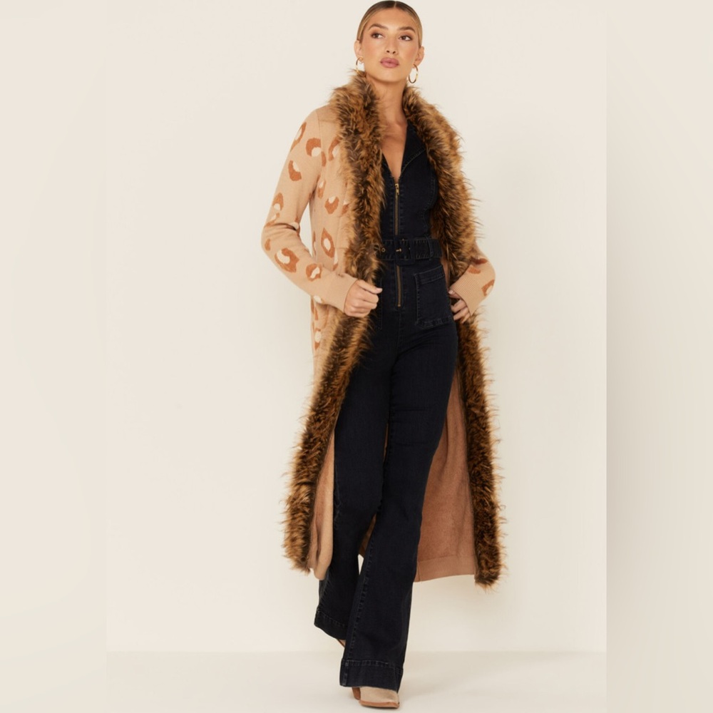 Show Me Your Mumu Women's SZ XS Leopard Langston Duster Cardigan Faux Fur Brown